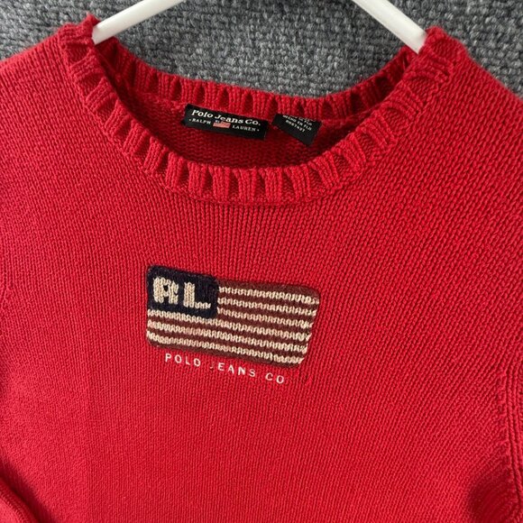 Polo Jeans Ralph Lauren Red Knit Pullover Flag Sweater RL Embroidered Large - Picture 3 of 16